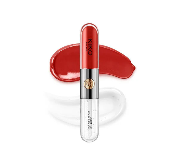 Kiko Milano 2 in 1 lip duo red shade  with a swatch on a white background