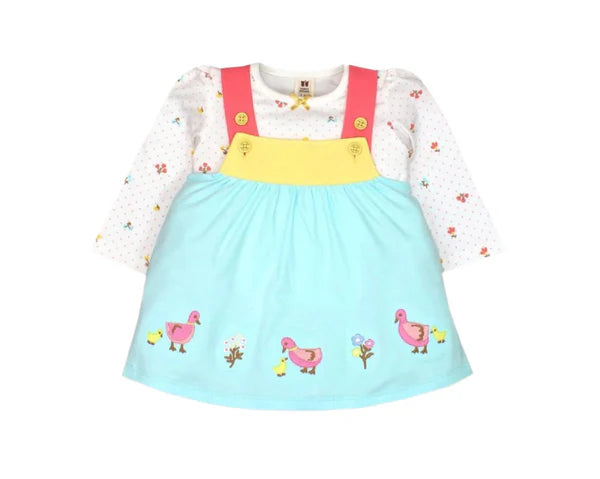Knitted Embroidery Frock Children's dress with floral top and duck design skirt on a white background