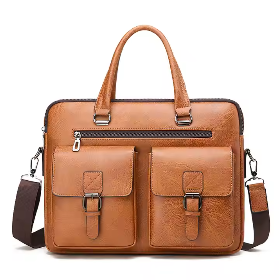 Brown leather Laptop Briefcase with multiple pockets and straps on a white background