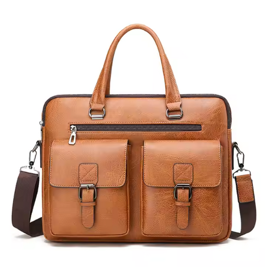 Brown leather Laptop Briefcase with multiple pockets and straps on a white background