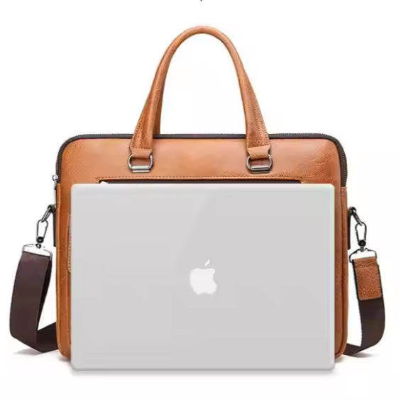 Brown Laptop Briefcase bag with Apple laptop inside on a white background