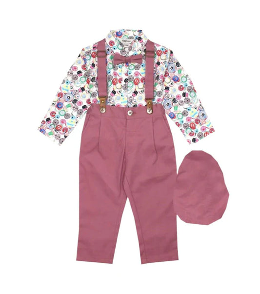 Little Gentleman's Suspenders Suit Children's outfit with floral shirt, pink suspenders, and overalls on a white background