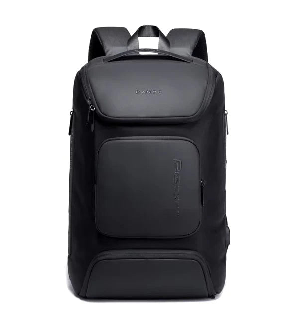 New travel pack Black backpack with visible brand logo on a white background