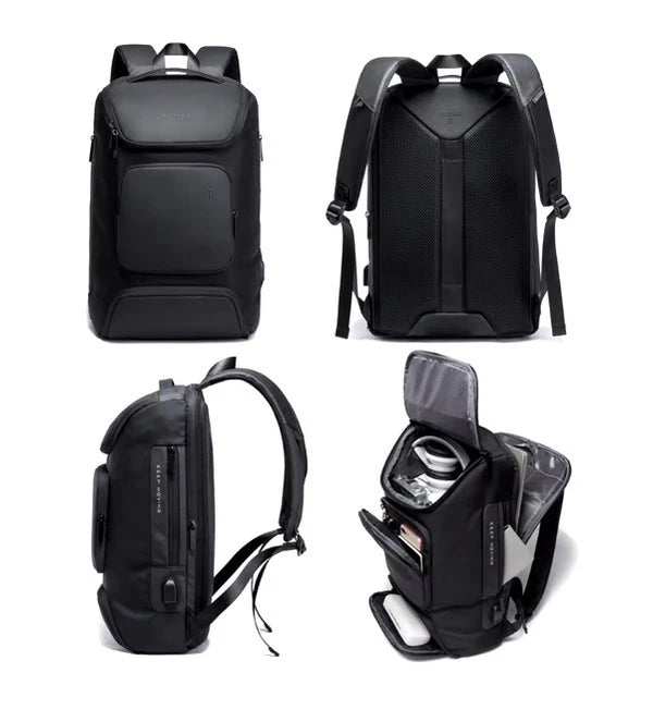 "New travel pack" Black shown from multiple angles on a white background