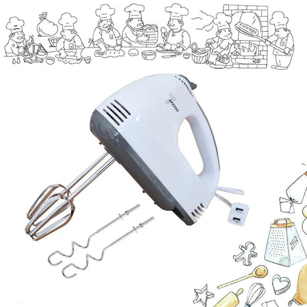 Nova - Hand Mixer with attachments on a white background with kitchen illustrations.