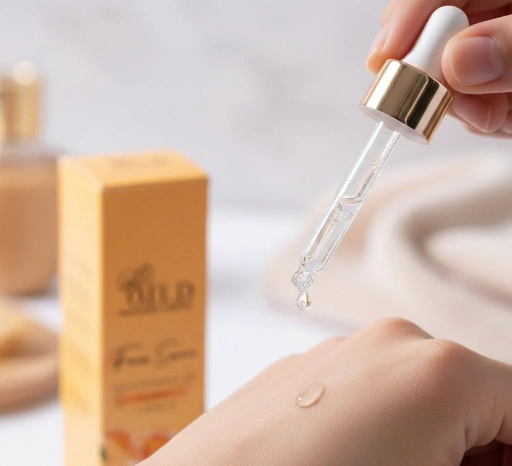 Person applying O.E.L.D - Professional Cosmetics Vitamin C Face Serum (Original) with a dropper to their hand, with a blurred background.