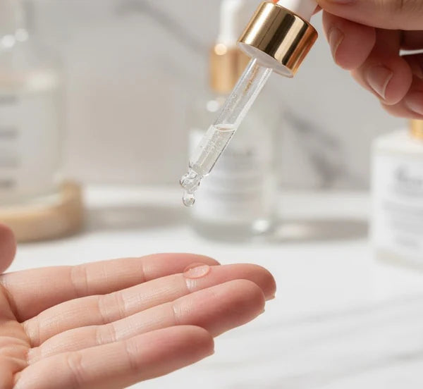 Close-up of a dropper bottle O.E.L.D - Professional Cosmetics Vitamin C Face Serum (Original) being used to apply clear liquid to skin.