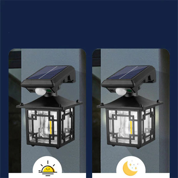 Outdoor Solar Sensor light fixture with motion sensor on a dark blue background