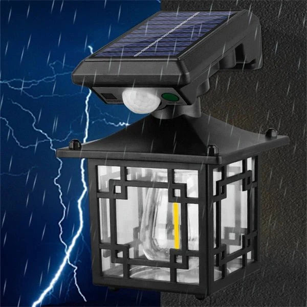 Outdoor Solar Sensor Light with lightning effect on a dark background