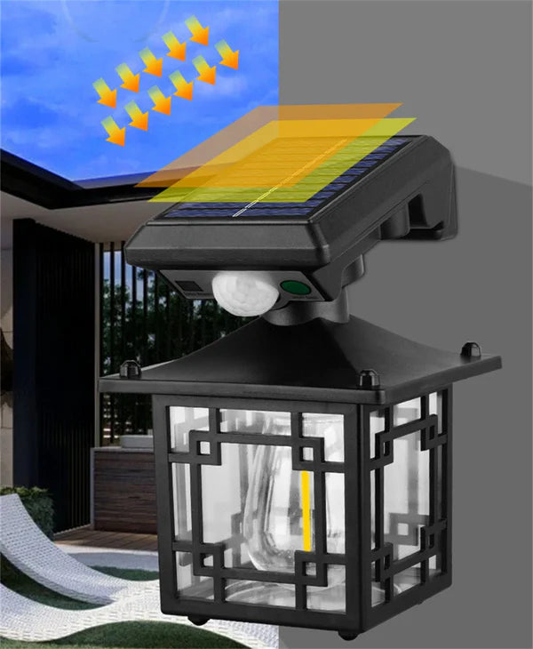 Outdoor Solar Sensor Light fixture with solar panel on a gray background