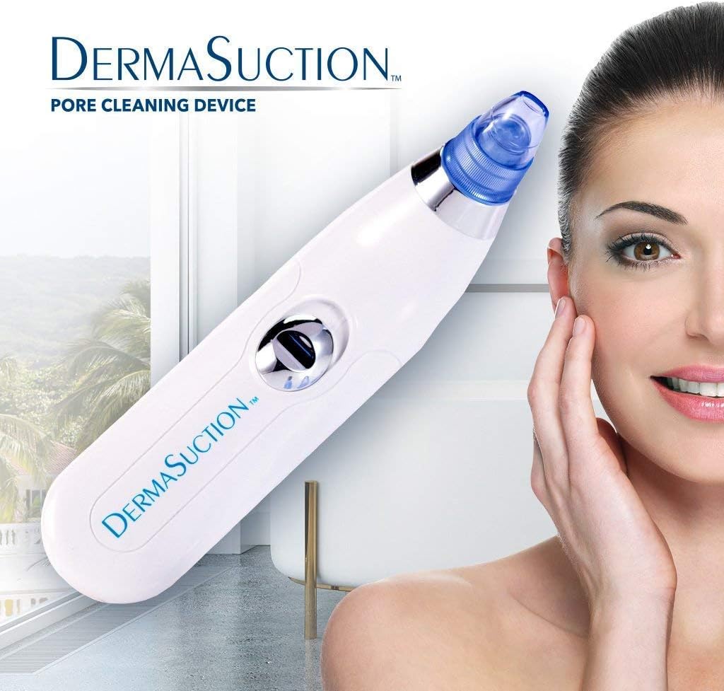 DermaSuction pore cleaning device with a woman using it on her face.