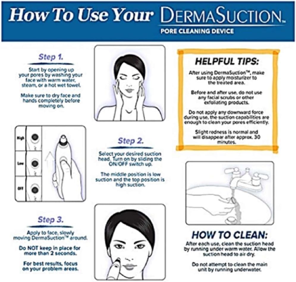 Instructions on how to use a DermaSuction pore cleaning device with step-by-step illustrations and tips.