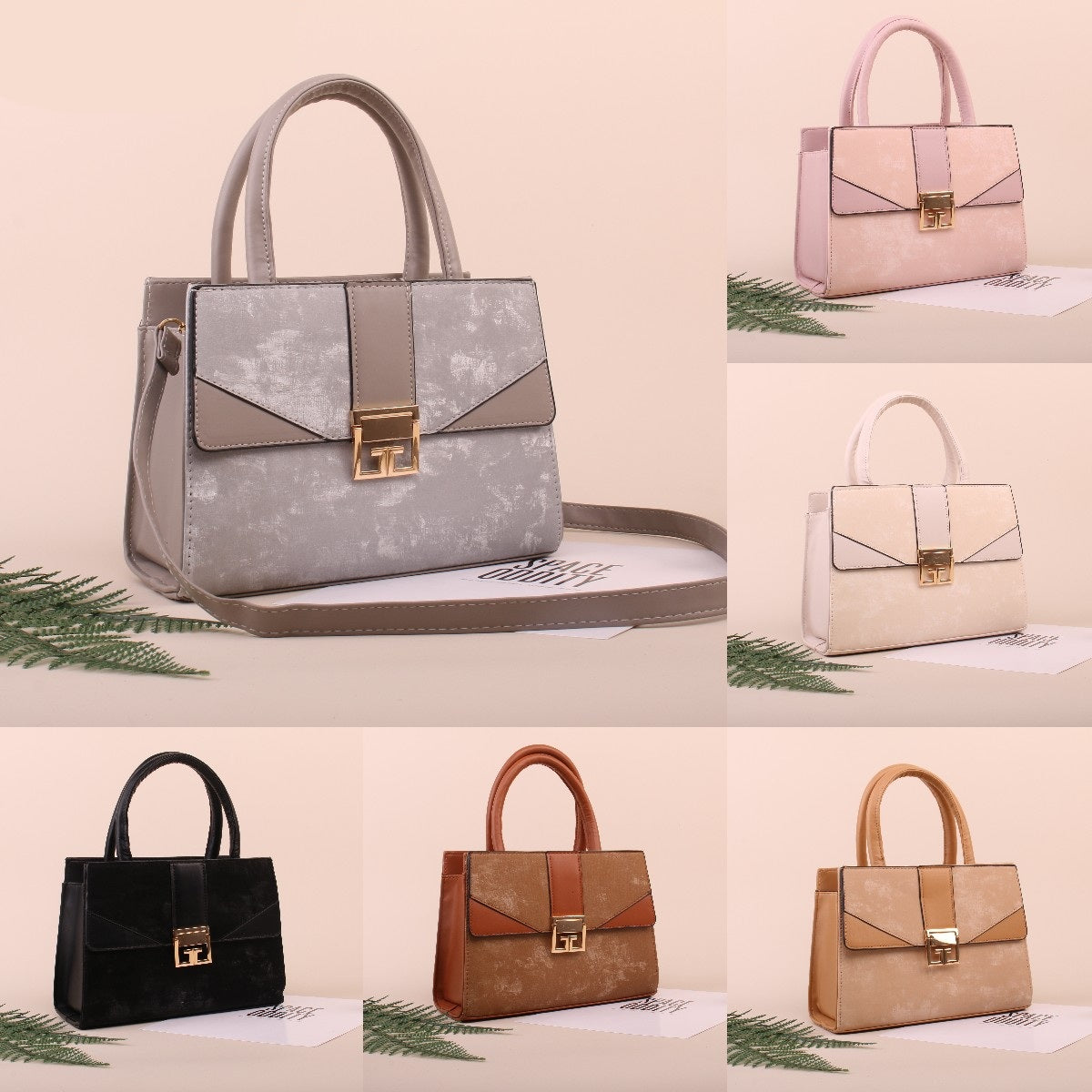 Collage of various Sculpted Shoulder Bag in different colors on a beige background with green leaves.