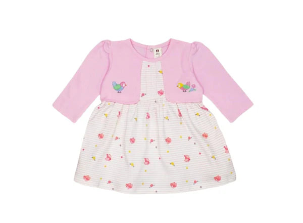 Shrug With Frock Baby dress with pink cardigan on a white background