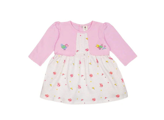 Shrug With Frock Baby dress with pink cardigan on a white background