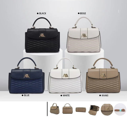 Set of textured wave flap handbag in black, beige, blue, white, and khaki on a gray background.