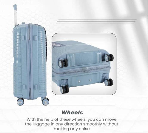 Light blue VIP tour luggage suitcase with wheels on a white background