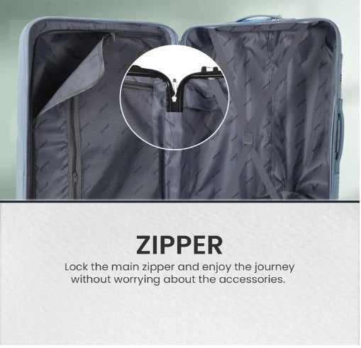 light blue VIP tour luggage suitcase with a close-up of a zipper and text about lock functionality.