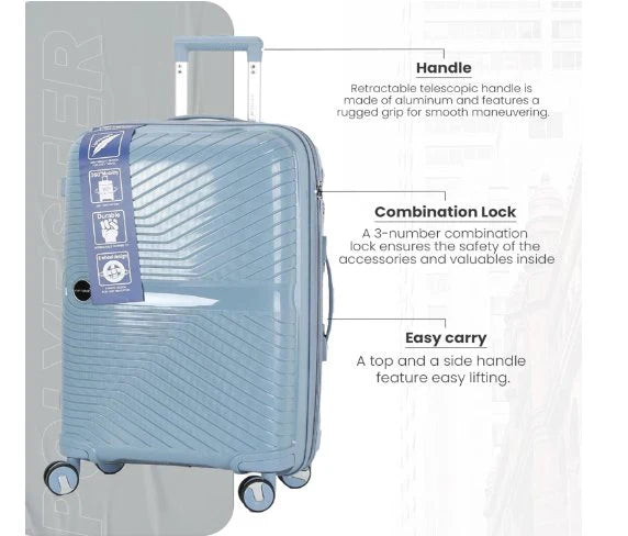 Blue VIP tour luggage suitcase with features highlighted on a white background